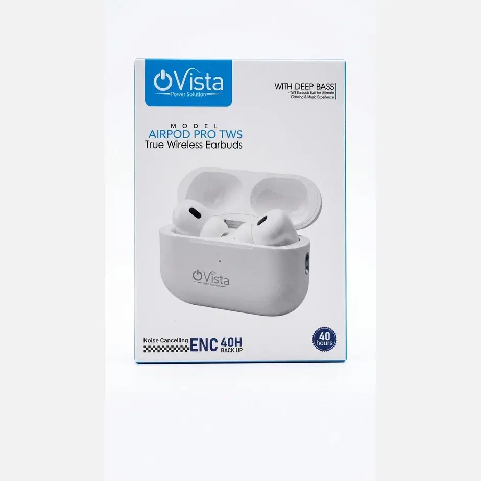 Front of OVista Airpod Pro TWS earbuds box showing white charging case and 40 hours backup badge