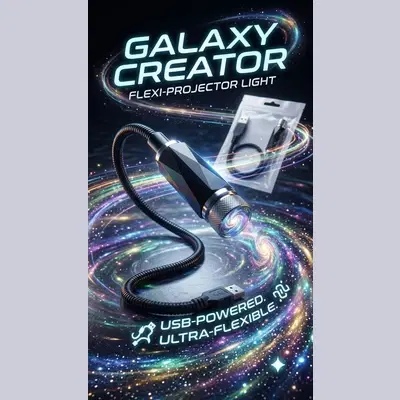 Galaxy Creator flexi projector light shown with bent gooseneck and glowing lens on space-themed graphic