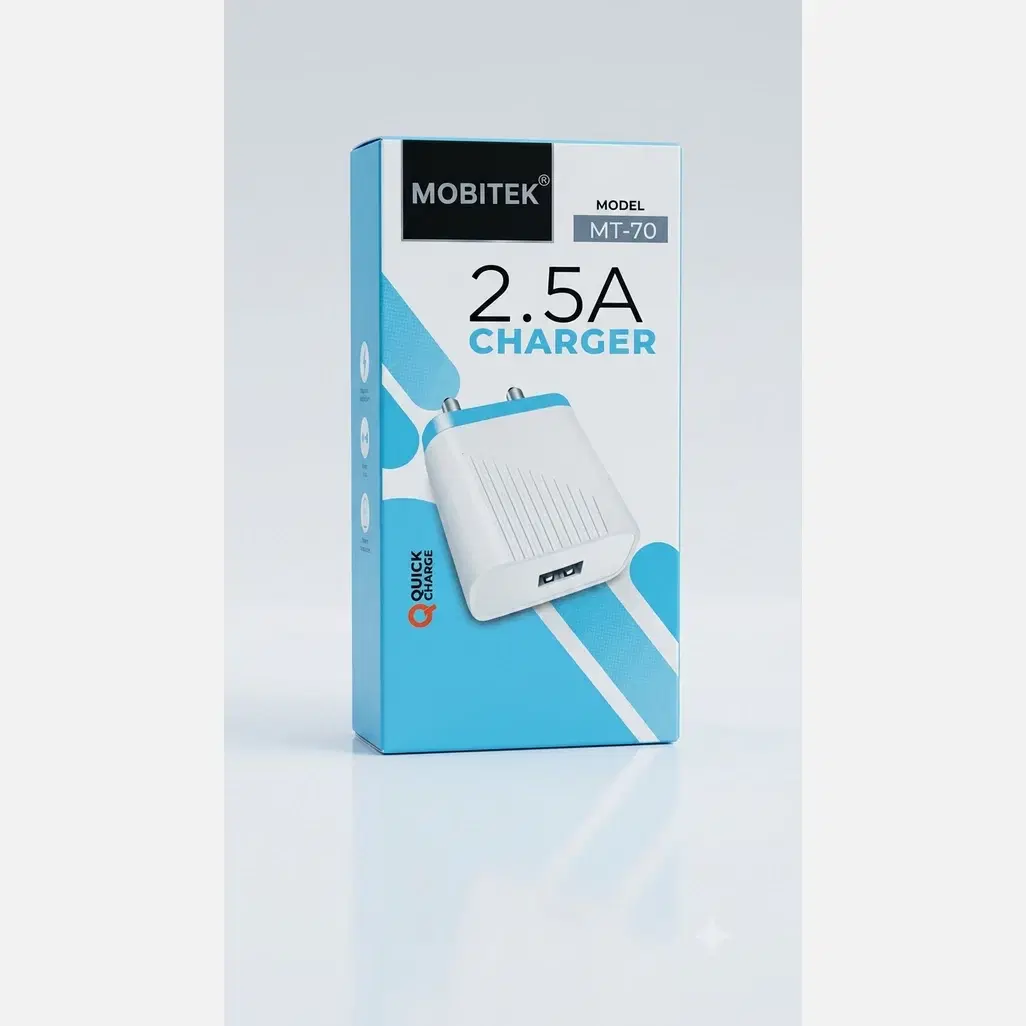 Front of the Mobitek MT-70 charger box showing the white wall adapter and quick charge branding