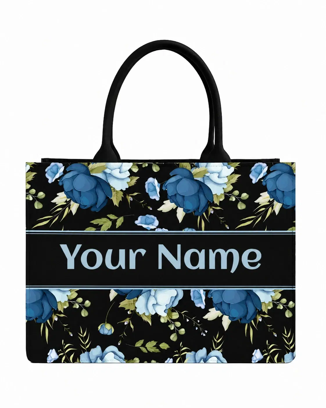 Front view of black tote with blue floral print and customizable name panel reading "Your Name"