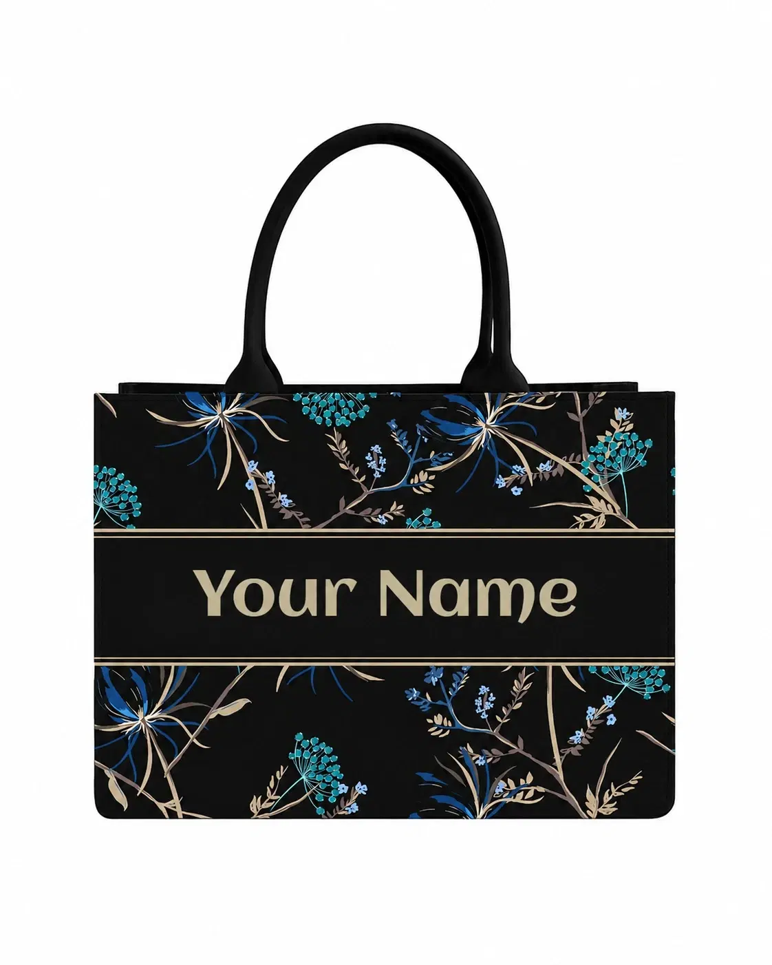 Front view of black floral tote with blue and beige botanical print and custom name panel