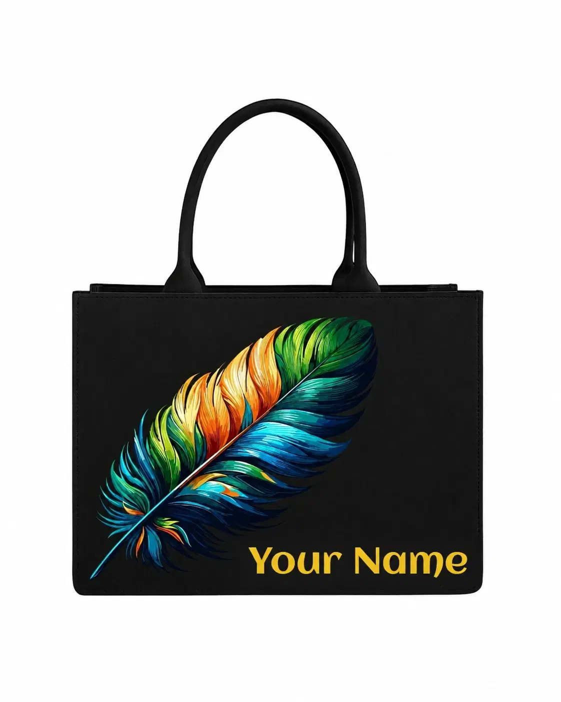 Custom Name Colorful Feather Tote Bag | Elegant Canvas Handbag