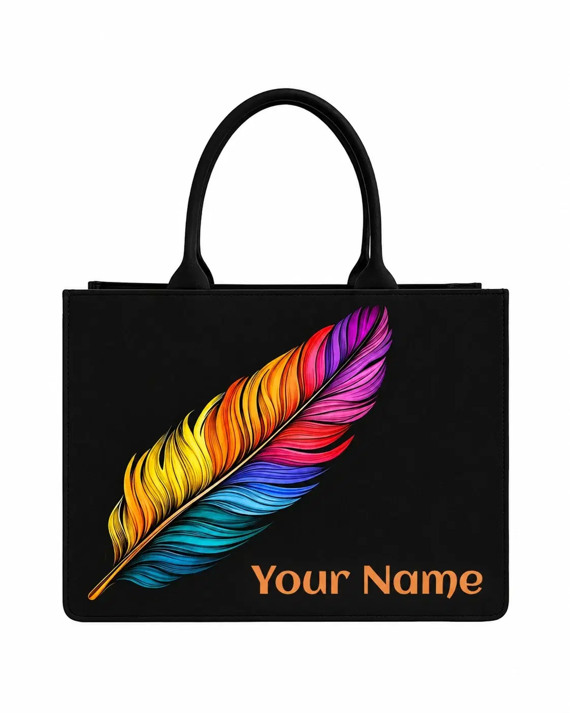 Custom Name Rainbow Feather Tote Bag | Canvas Handbag for Women