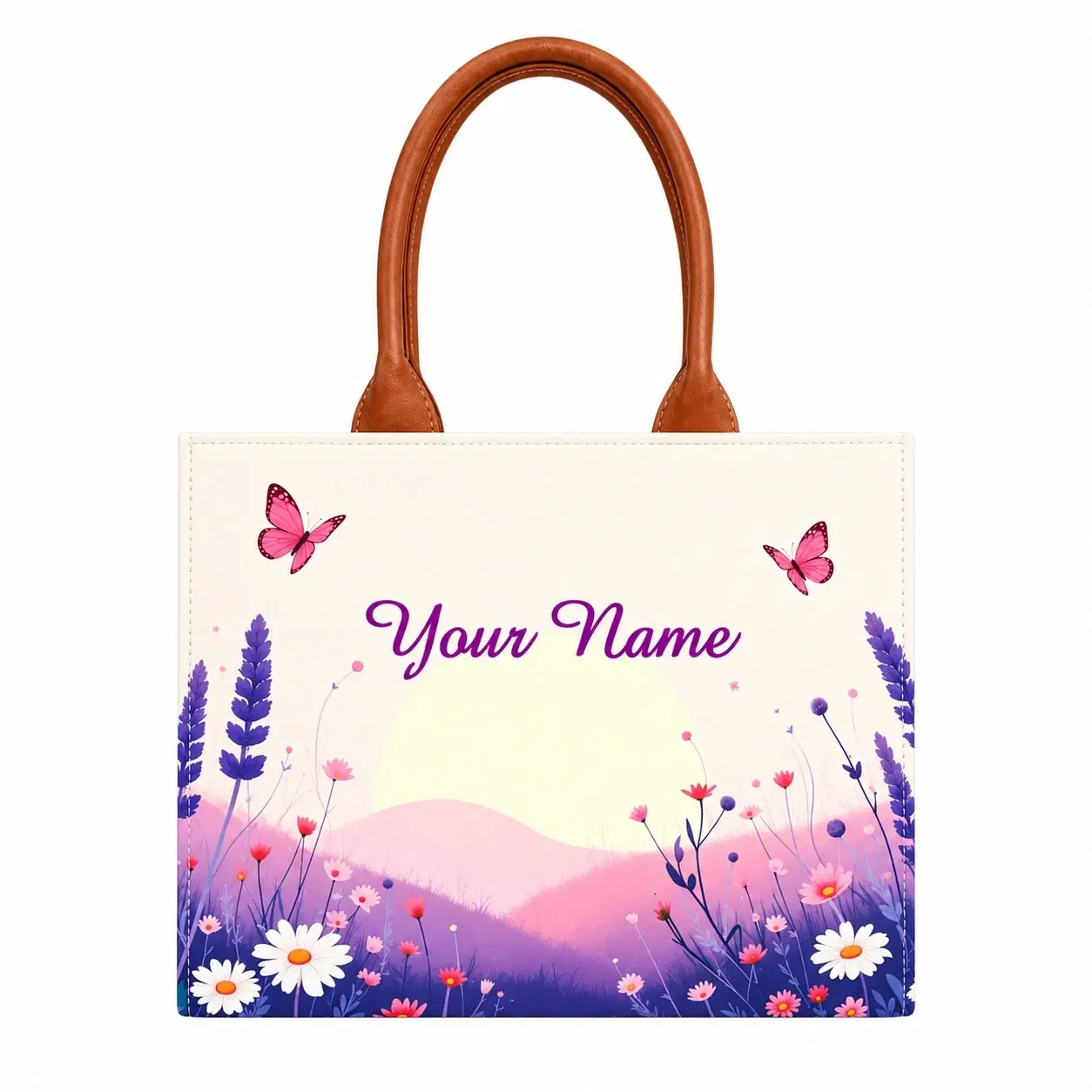 Custom Name Sunrise Meadow Tote Bag | Canvas Handbag for Women