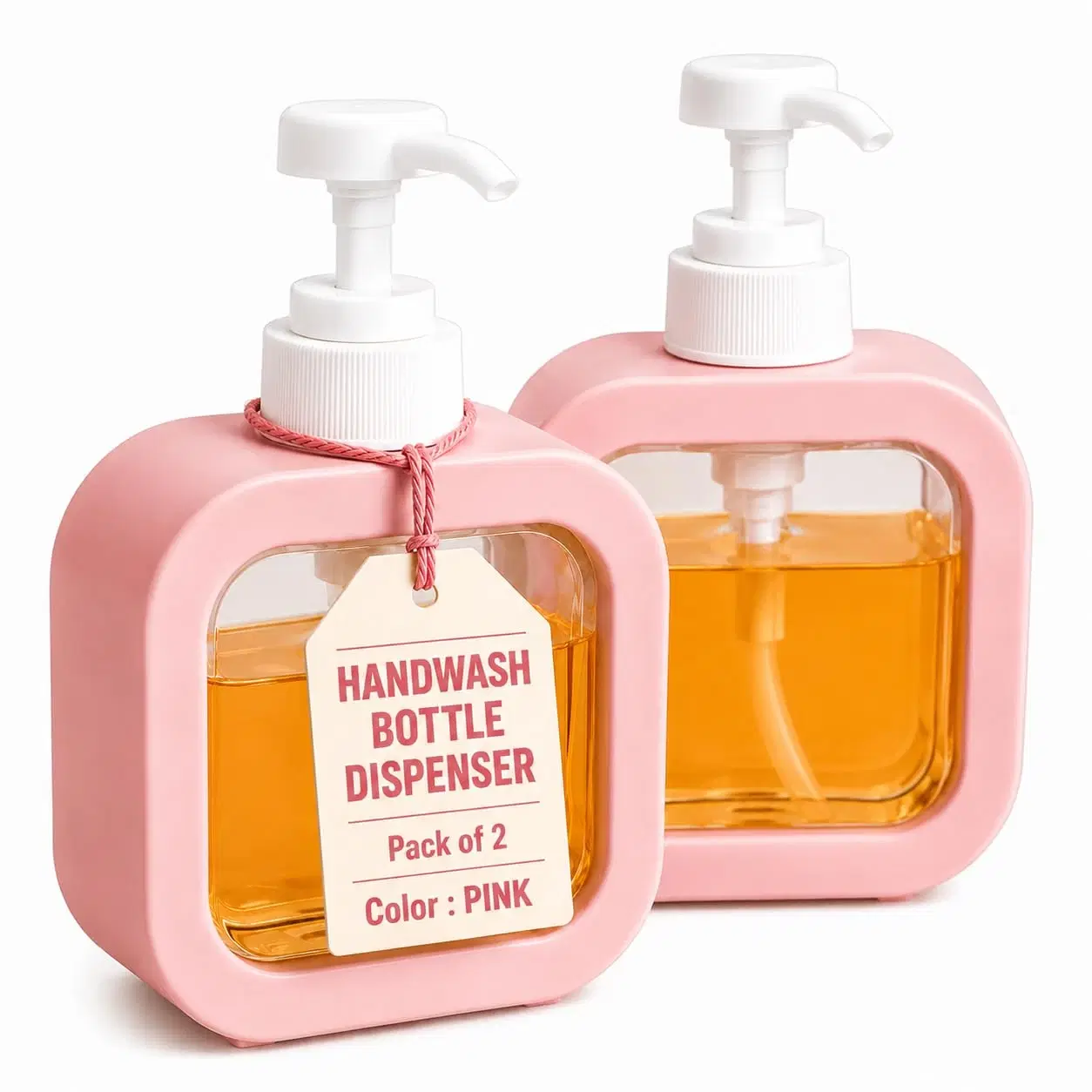 Two pink pump handwash dispenser bottles with white pumps and clear front window, pack of 2