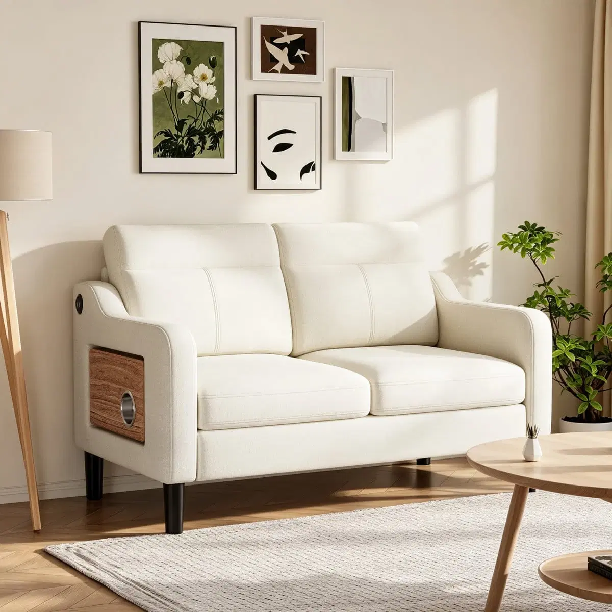 Front angled view of cream loveseat with black legs and a wood-look side panel with cup holder opening