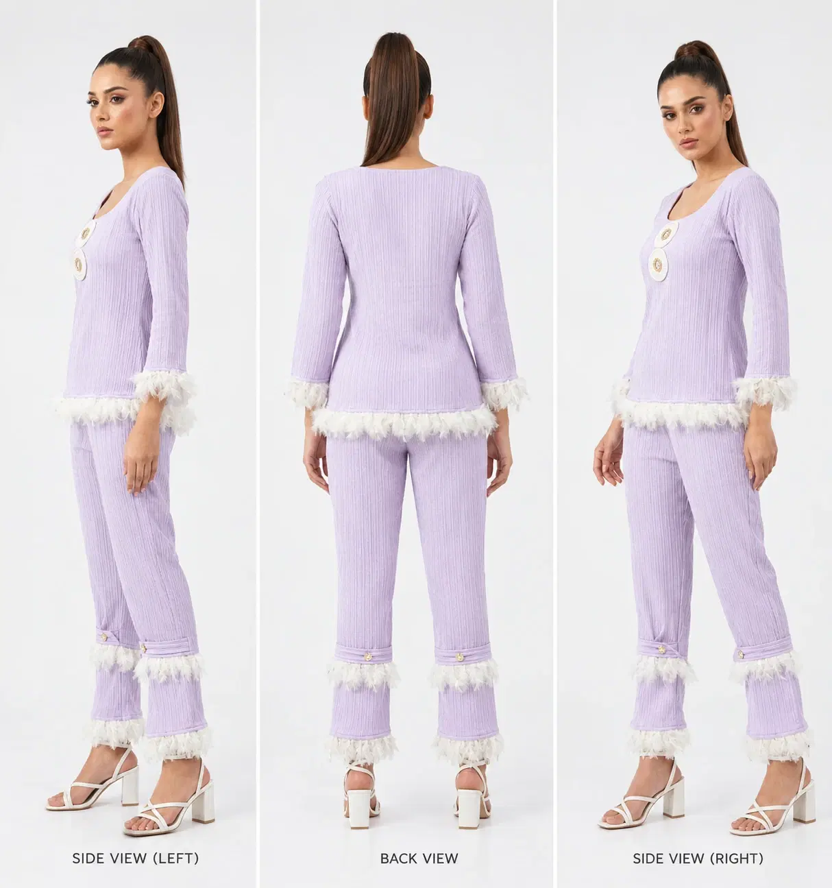 Three-view collage of lavender ribbed co-ord set with white feather trim on cuffs, hem and pant legs