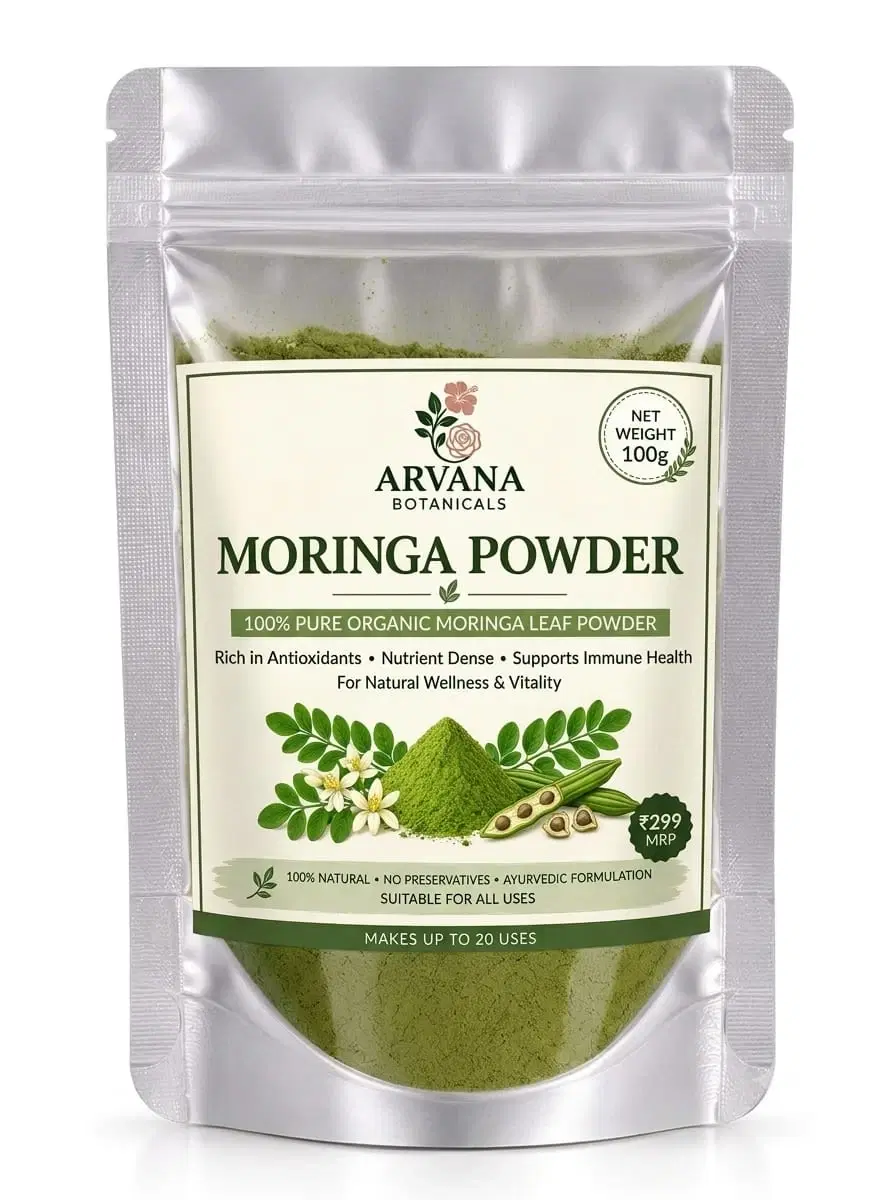 Front view of Arvana Botanicals Moringa Powder in a silver resealable 100g stand-up pouch