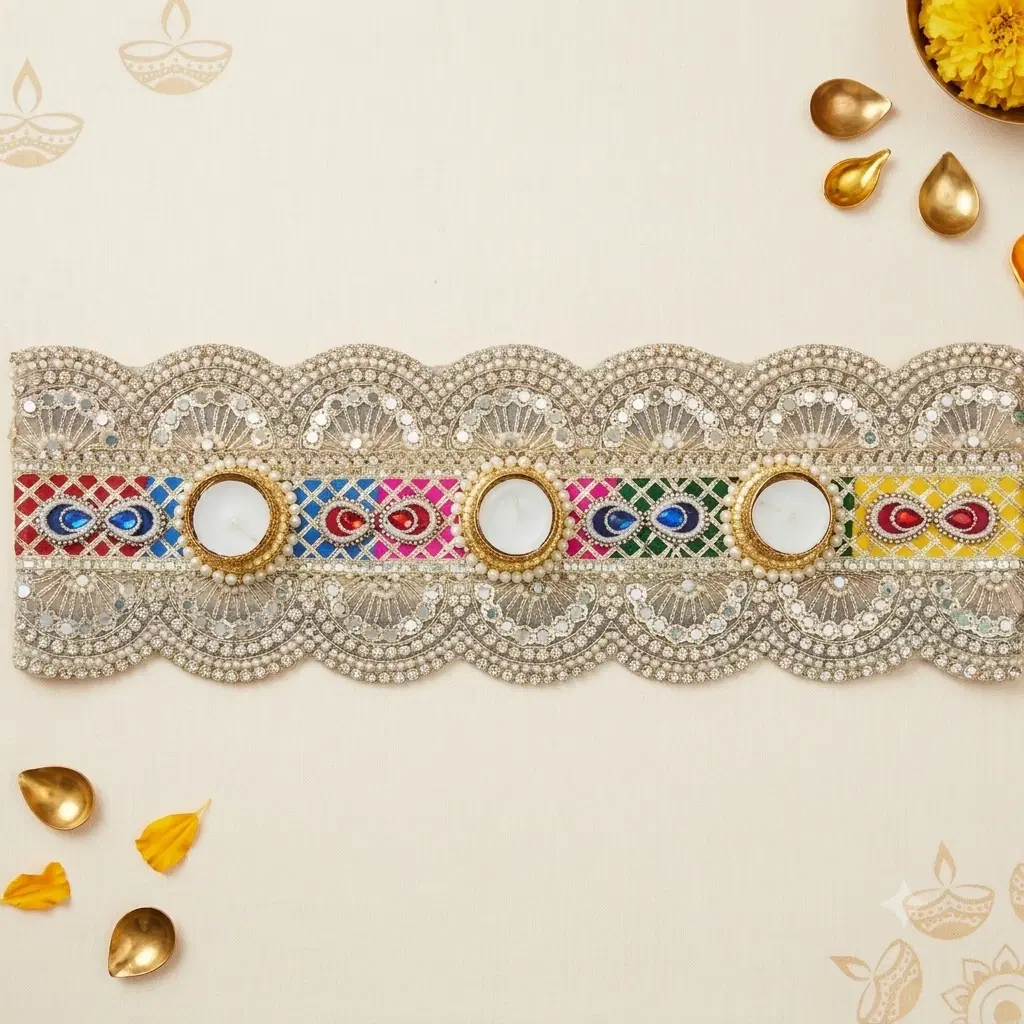Ornate silver-toned festive runner with 3 tealight slots and colorful mirror work on a cream backdrop
