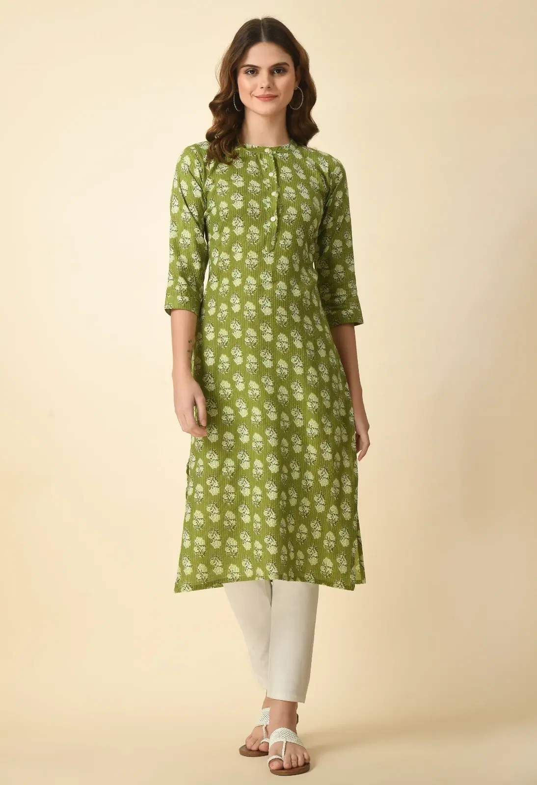 Front full-length view of olive green printed straight kurta with 3/4 sleeves and round neck