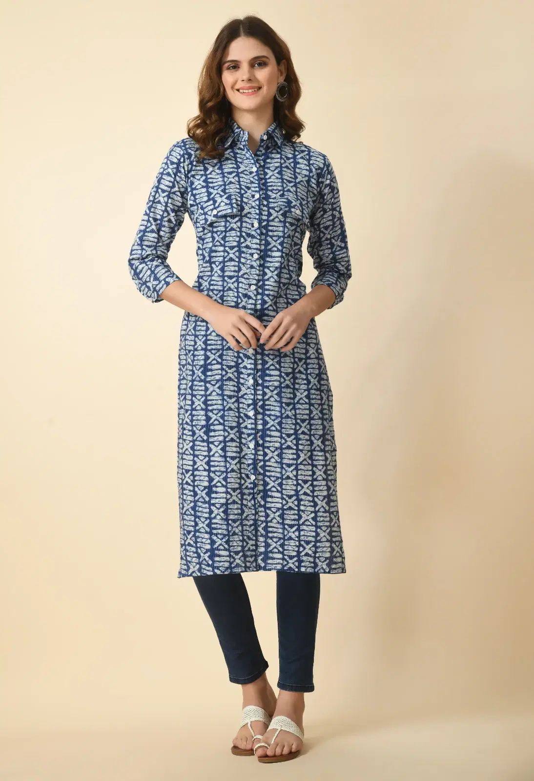 Front full-length view of blue and white printed collared kurta with button-down placket and 3/4 sleeves