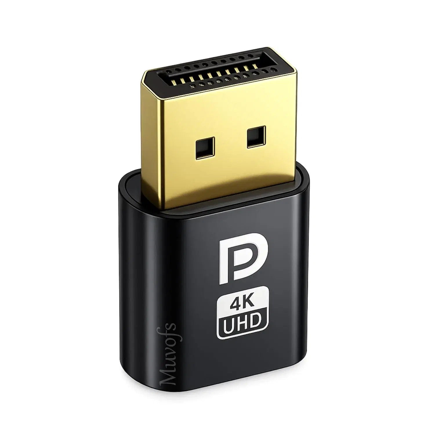 Angled close-up of Muvofs 4K UHD DisplayPort dummy plug with gold DP connector and black body