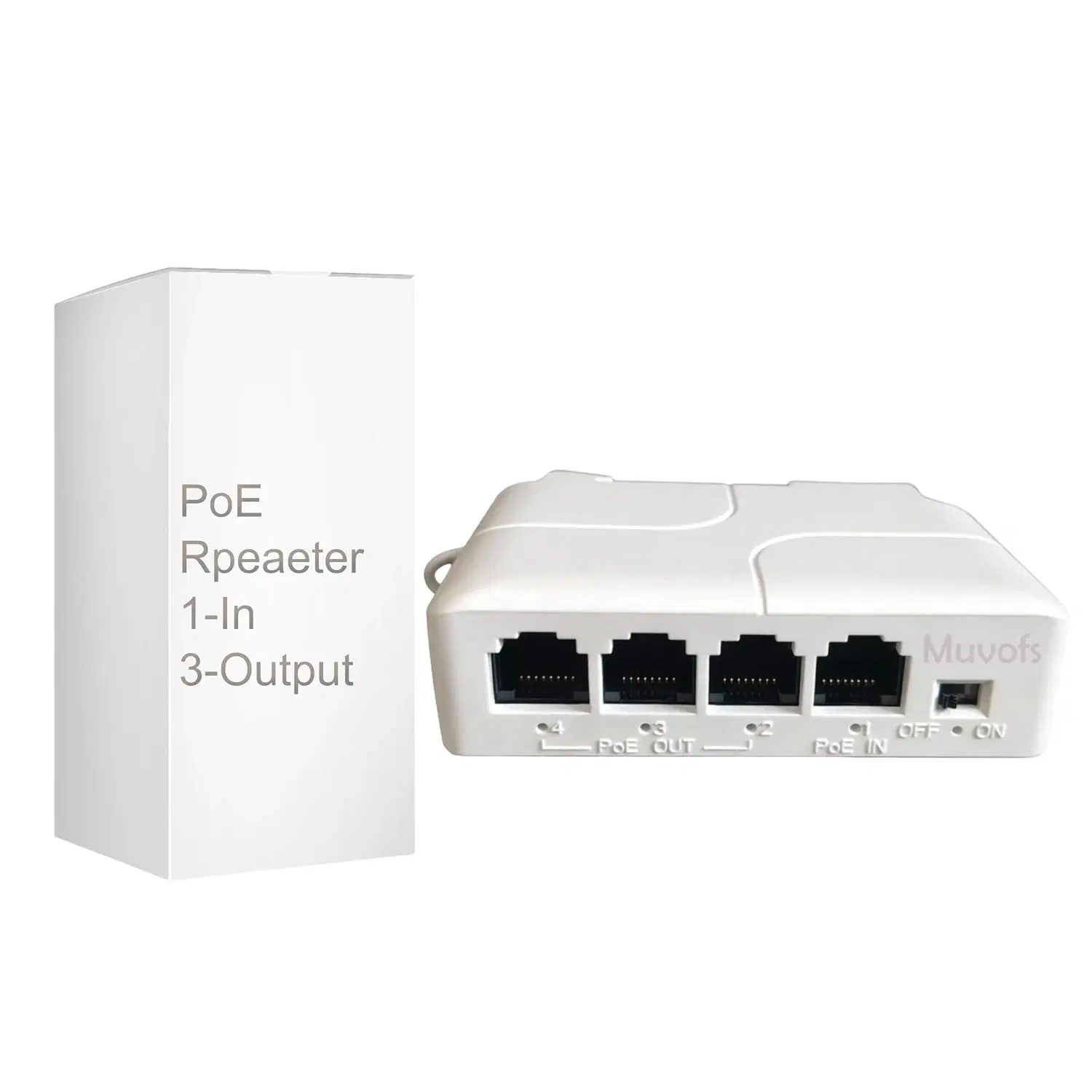 White Muvofs PoE repeater with four RJ45 ports beside box marked 1-In 3-Output