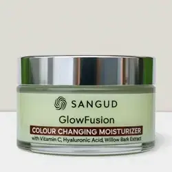 SANGUD GlowFusion moisturiser jar front view with silver lid and colour-changing formula label