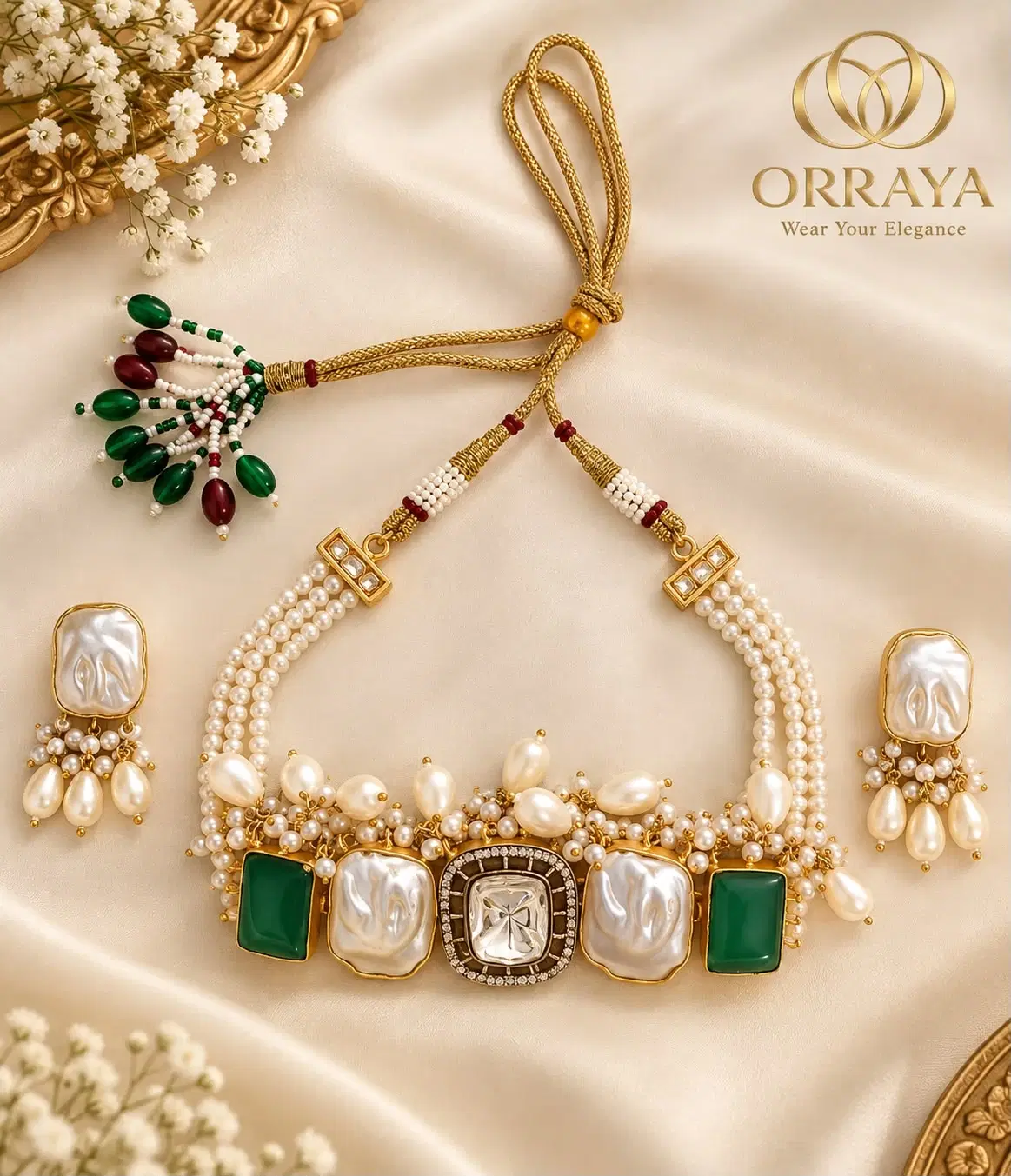 Flat lay of pearl choker set with green stones, tassel tie-back and matching drop earrings on satin