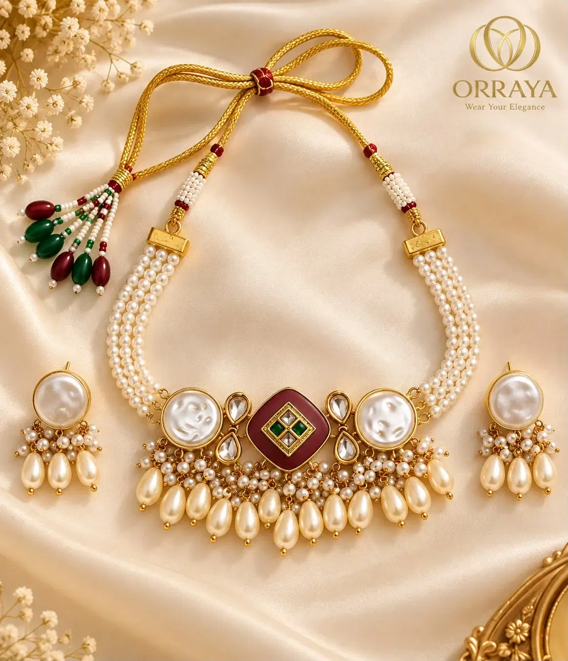 Flat lay of pearl choker set with matching earrings, maroon center motif and gold tie tassels