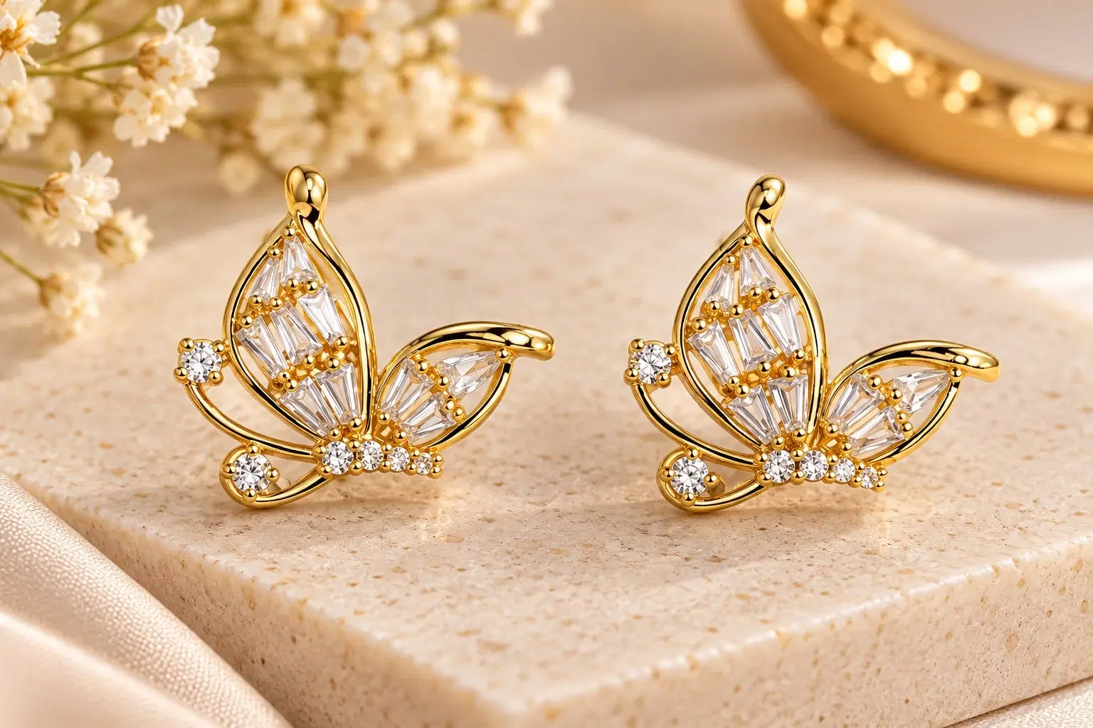 Pair of gold-toned butterfly stud earrings with clear stones displayed on a beige stone block