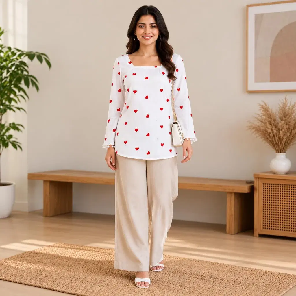 Front view of white square-neck tunic with red heart print, full sleeves and beige wide-leg pants