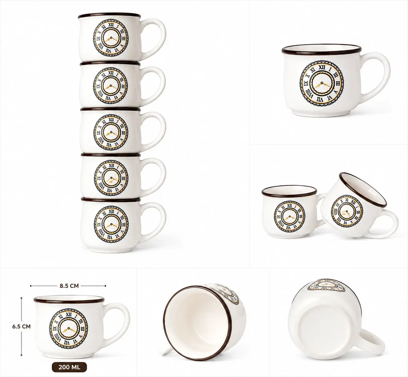 Collage showing five white ceramic mugs with clock print, 200 ml size, side, top and base views