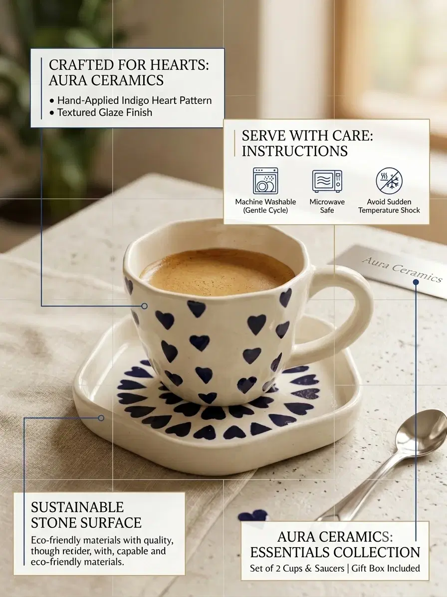 Cream ceramic heart-print cup filled with coffee on matching saucer with blue radial heart design