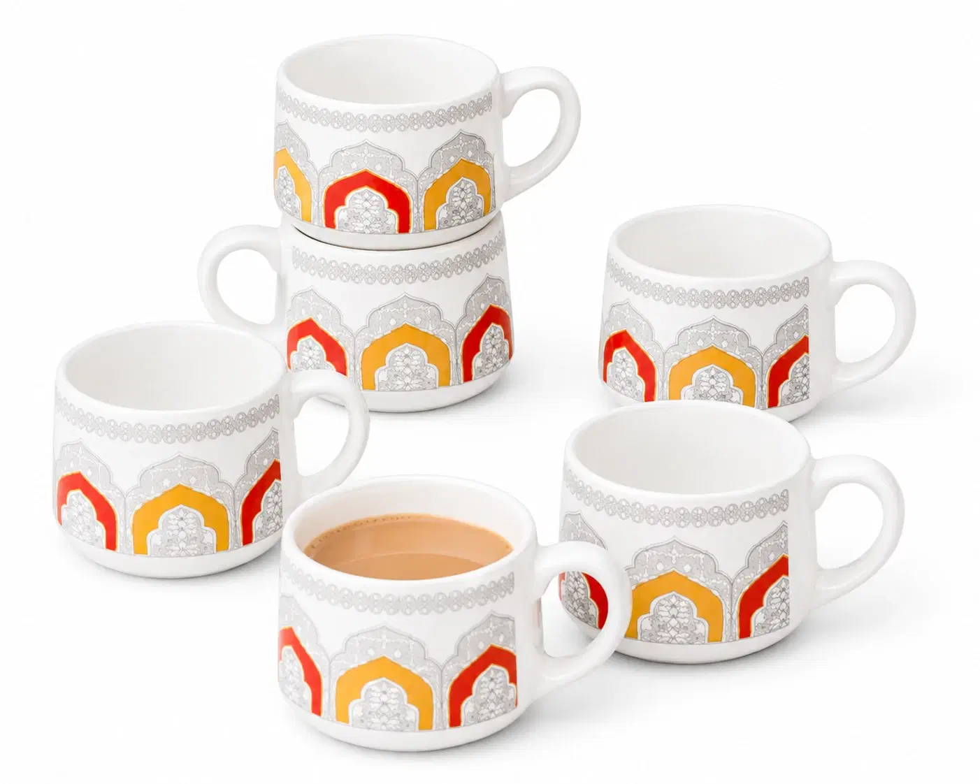 Five white ceramic mugs with silver, yellow and red arch pattern, one filled with tea