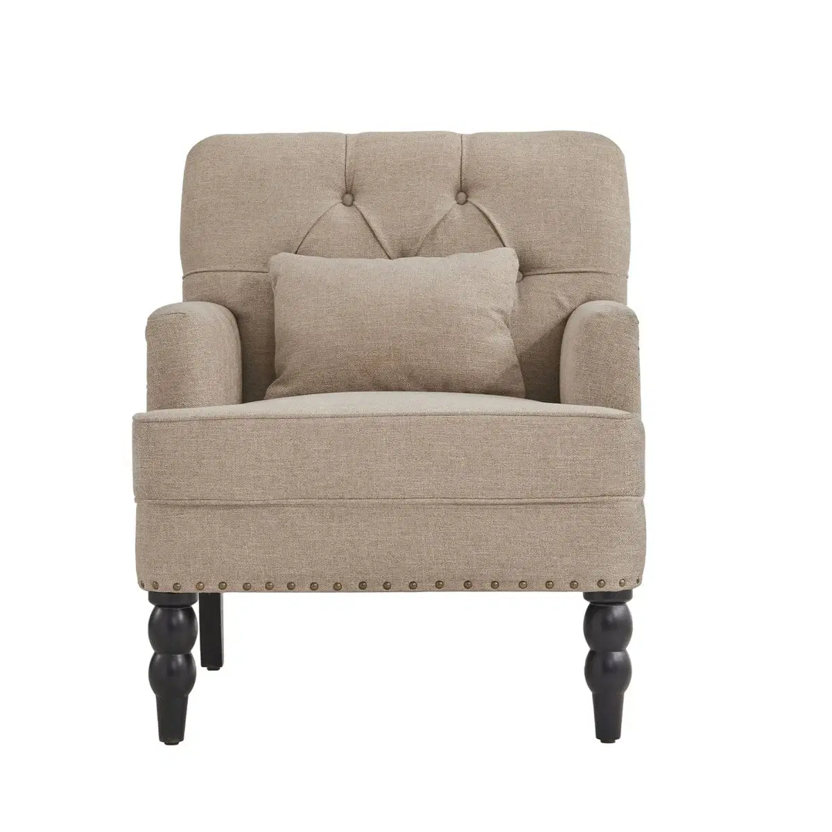 Front view of brown upholstered accent chair with tufted back, matching cushion and dark turned legs