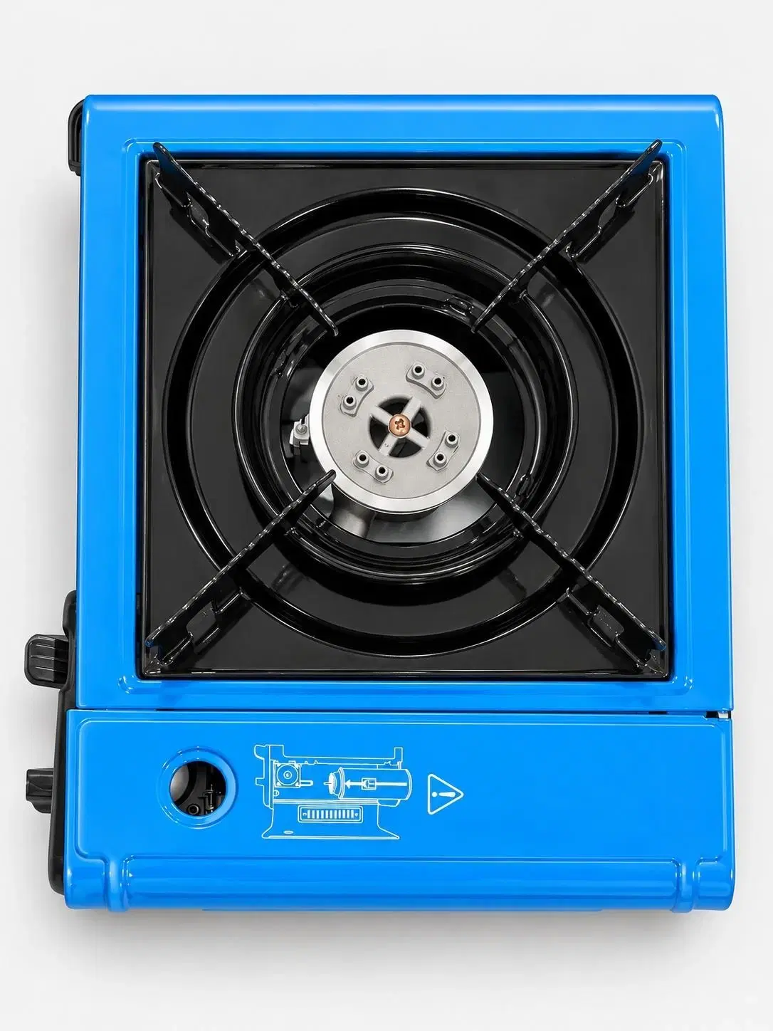 Top view of blue single-burner gas stove with black pan supports and exposed burner head