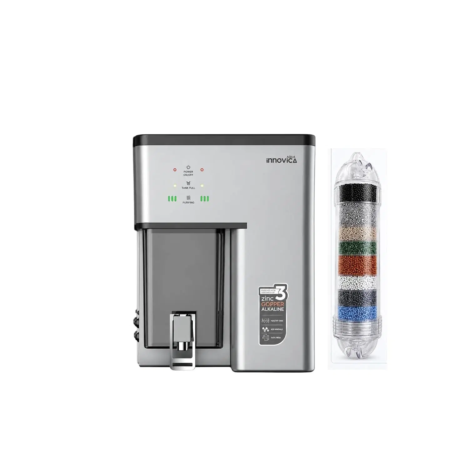 Front view of silver Aqua Innovica water purifier with tap and separate multi-layer filter cartridge shown beside it