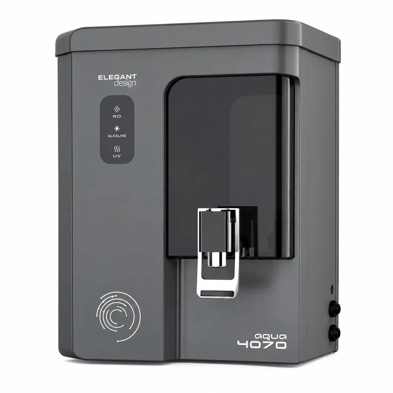 Front angled view of graphite Aqua 4070 purifier with glossy black panel and chrome water tap