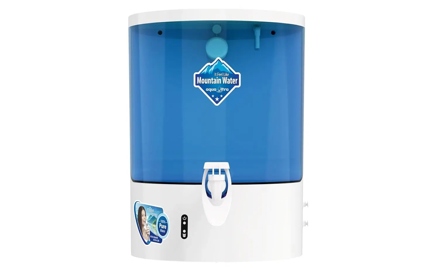 Front view of blue and white water purifier with transparent 9L tank and central dispensing tap