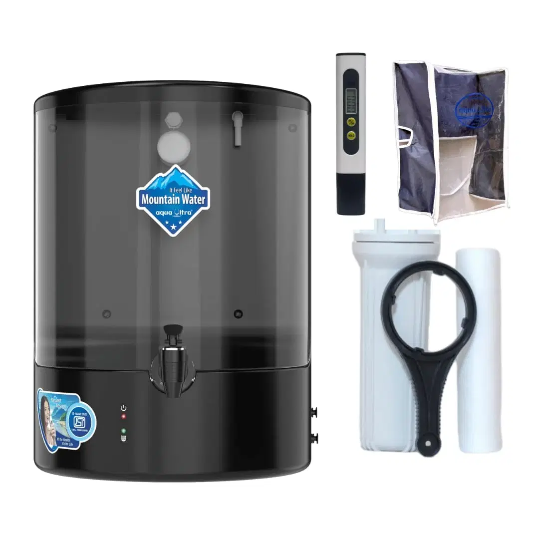 Black transparent water purifier with front tap, plus TDS meter, cover, pre-filter housing and wrench