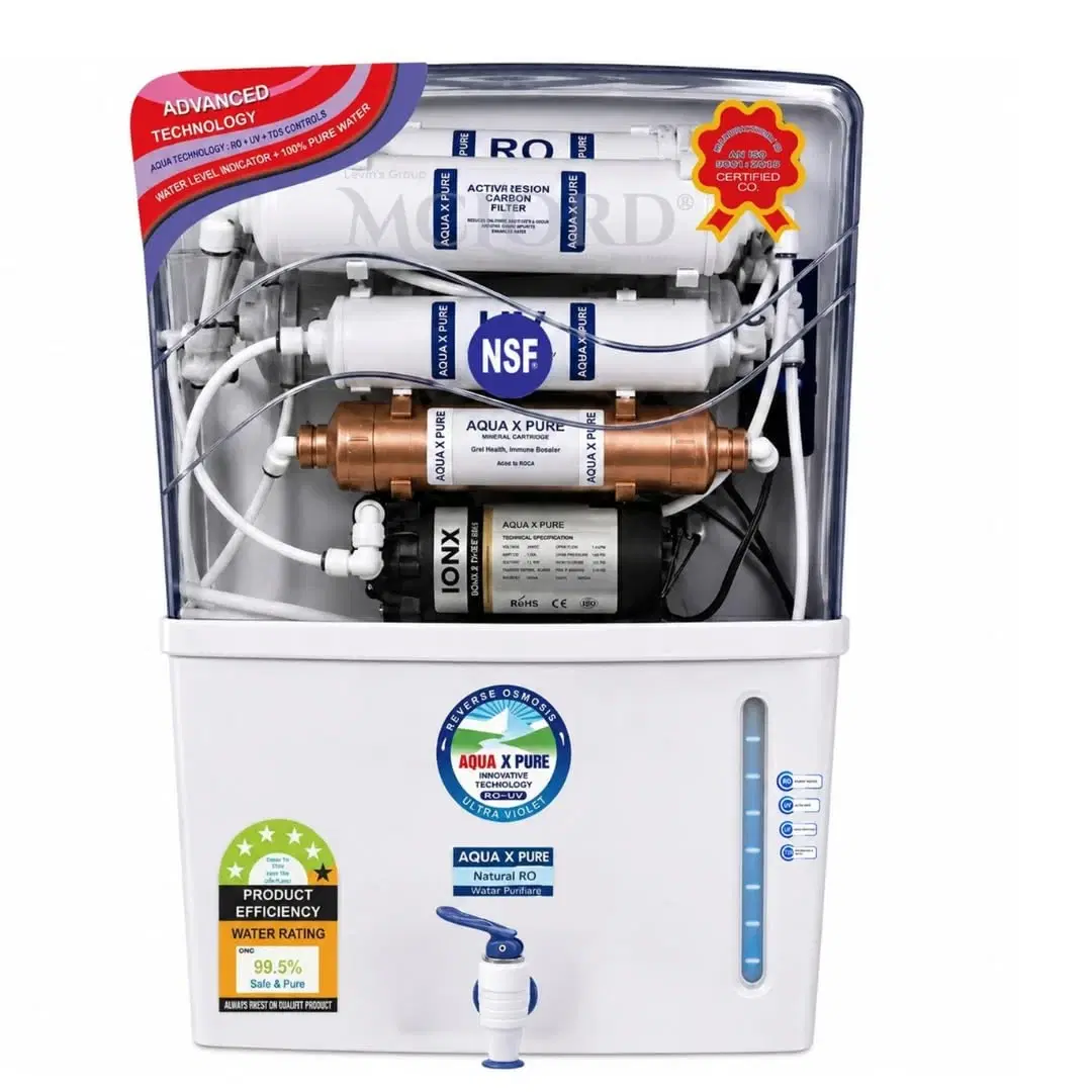 Front view of white Aqua X Pure RO purifier with clear upper tank, blue tap and water level window