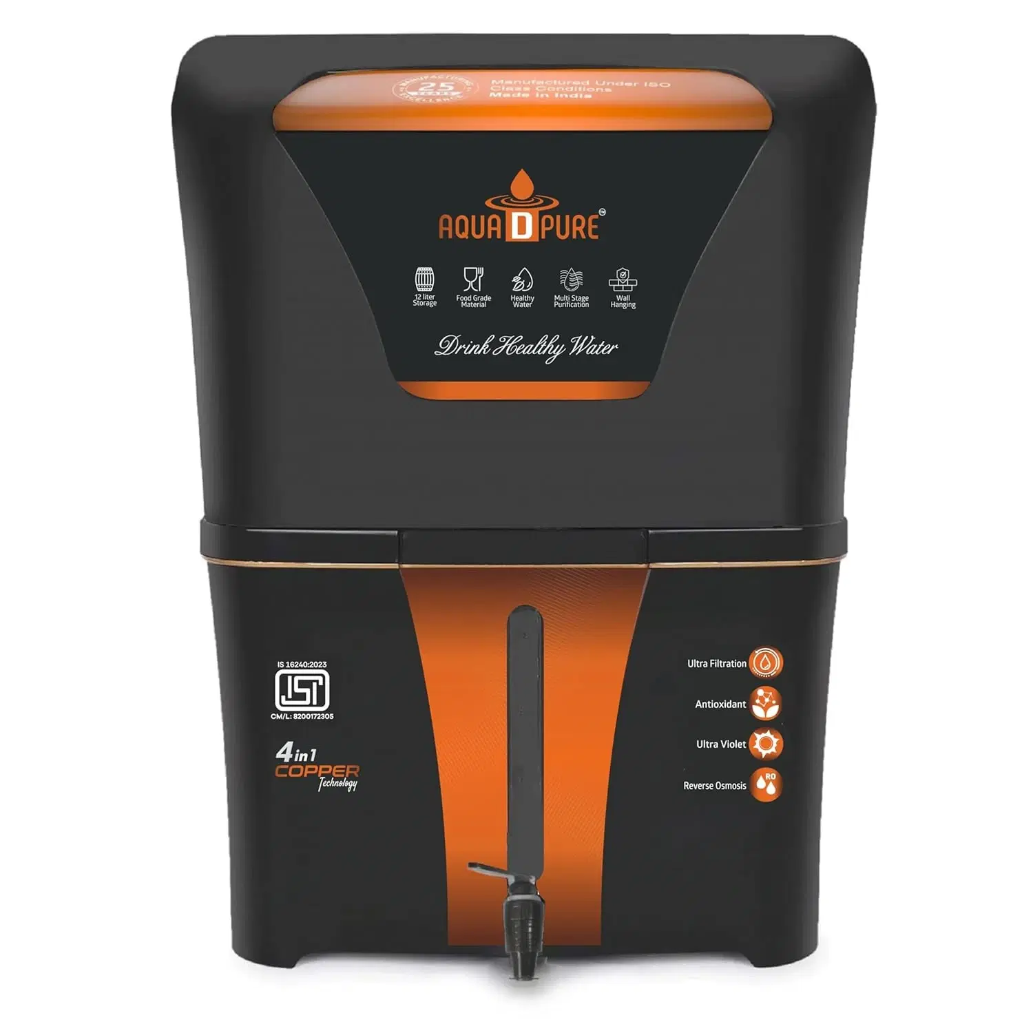 Front view of black and orange Aqua D Pure purifier with tap and vertical water level window