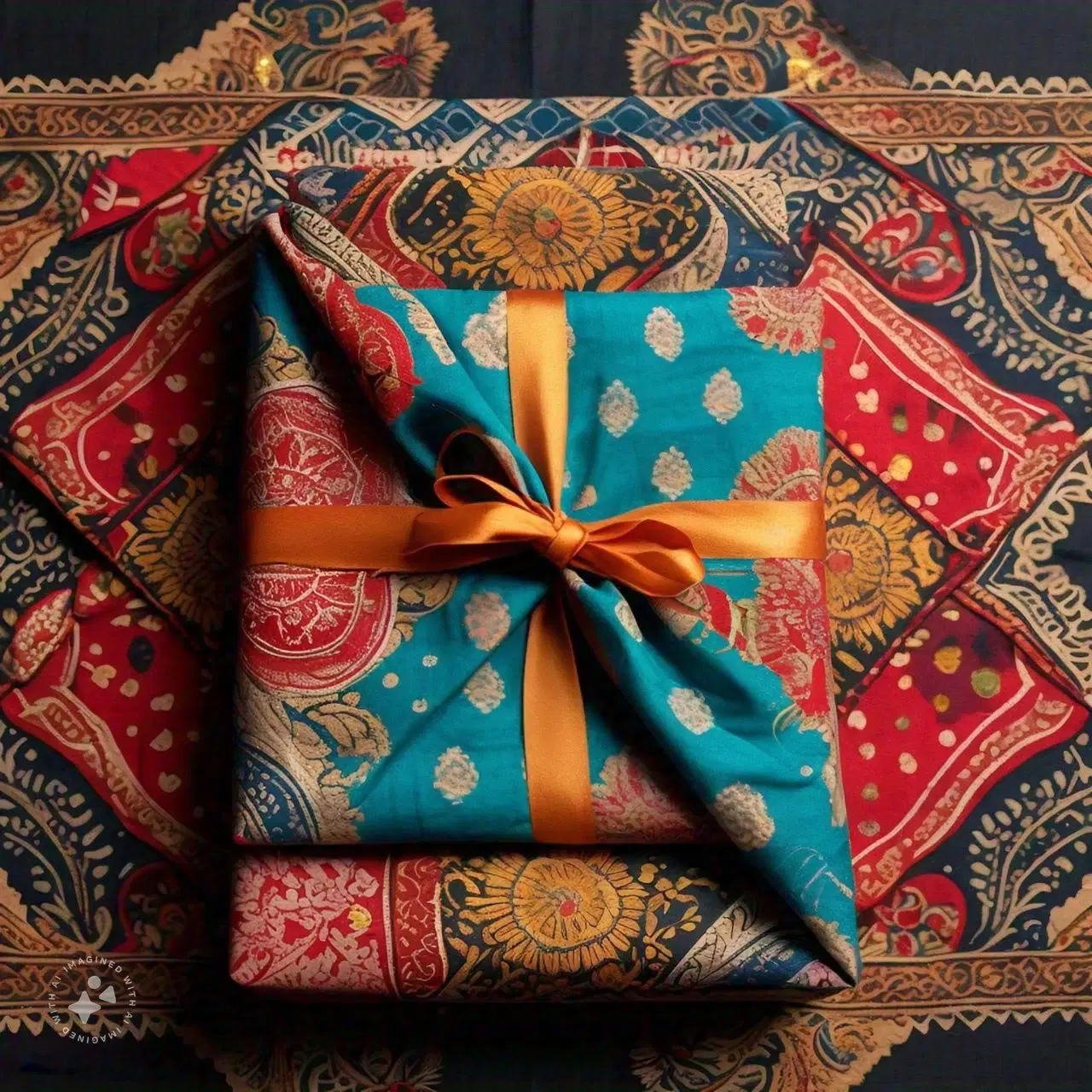 Folded gift wrapped in turquoise and red printed paper, tied with a gold satin ribbon bow