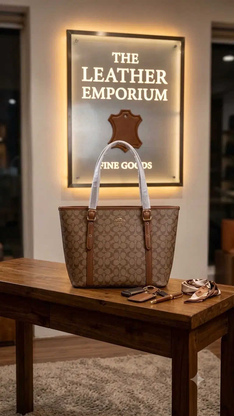 Brown Coach monogram tote on a wooden table with leather trim, dual shoulder straps, and matching accessories