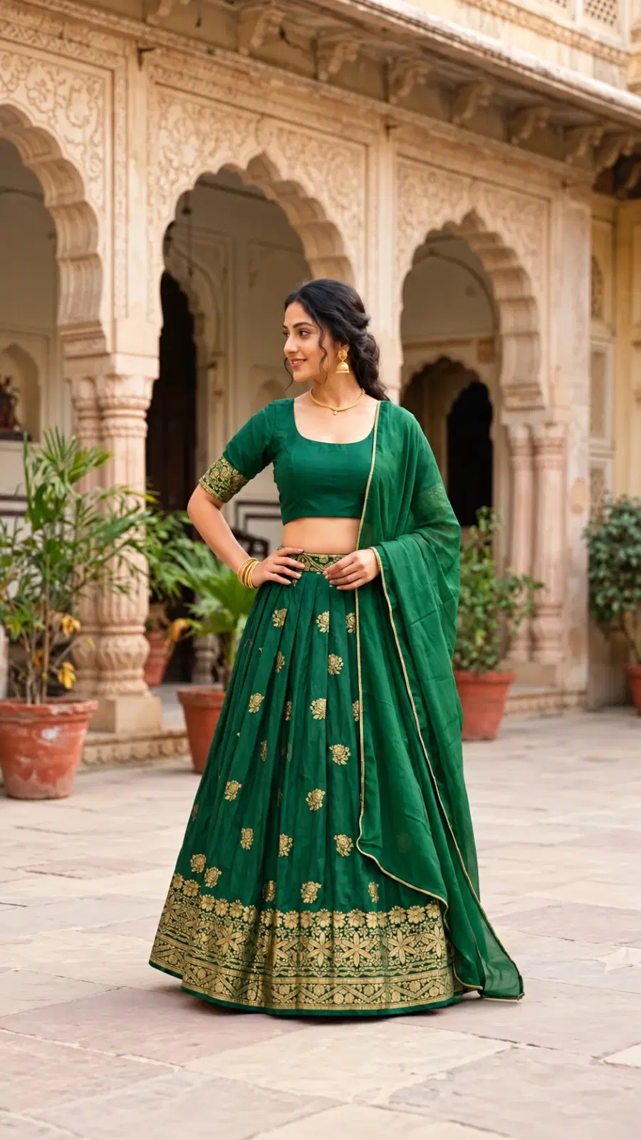 Model wearing emerald green lehenga choli with gold motifs, ornate hem border and matching dupatta