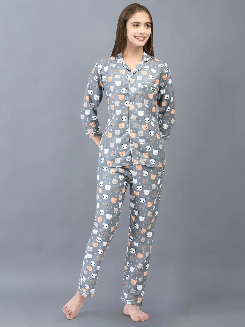 Front view of grey bear-print pajama set with collared button-down top and full-length pants