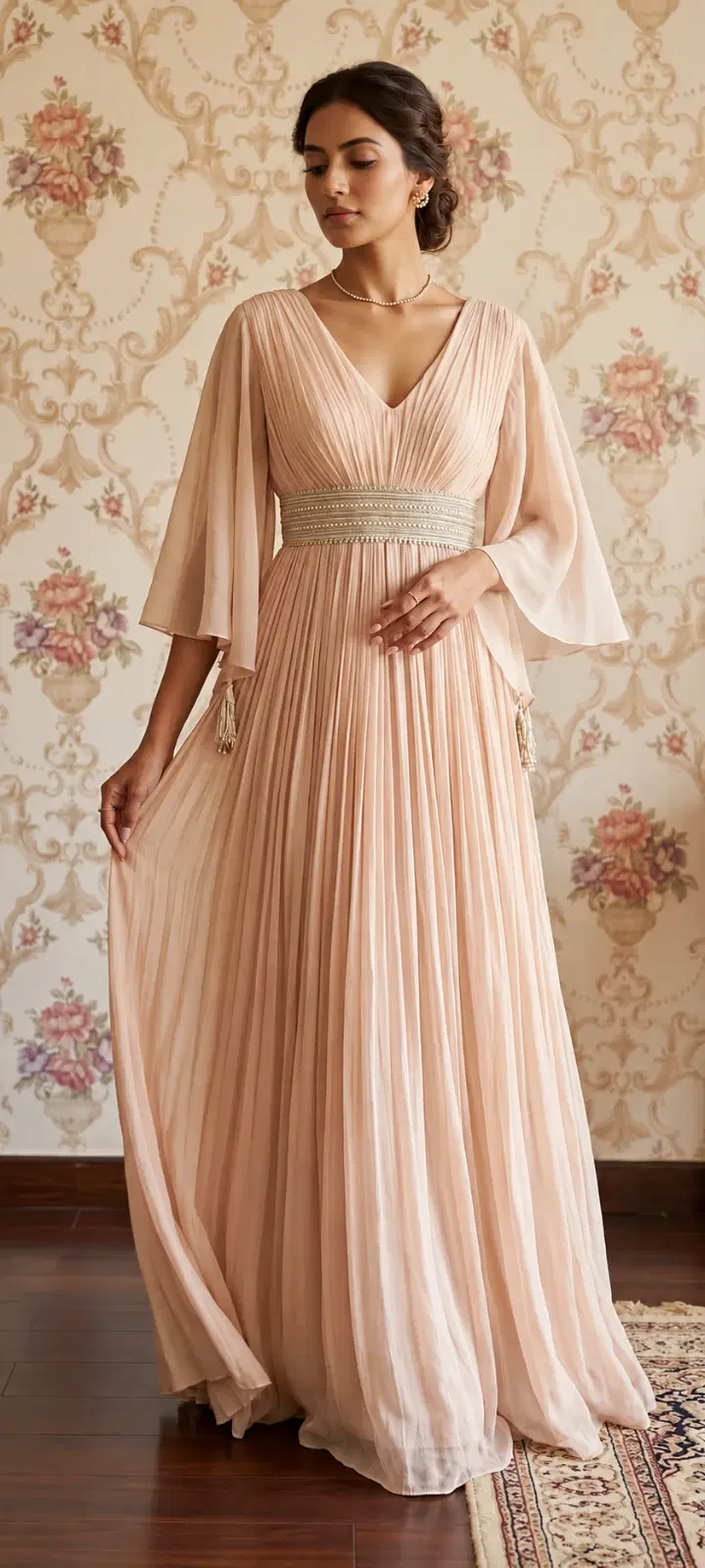 Front view of blush pink pleated maxi dress with cape sleeves and embellished waistband