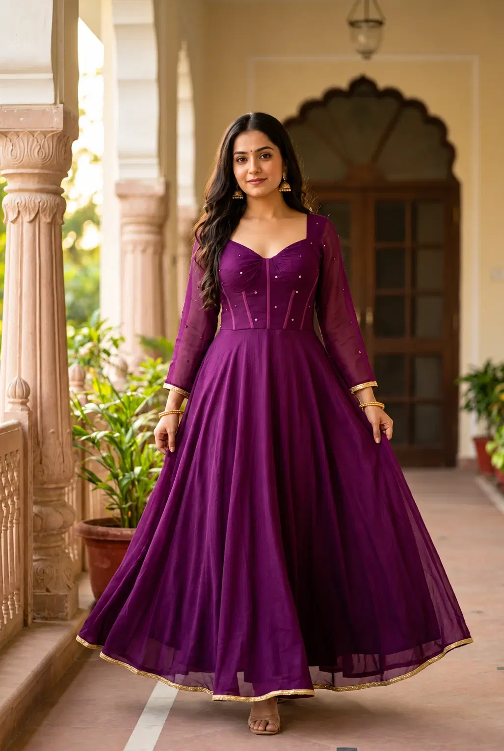Front view of a deep purple floor-length Anarkali gown with sheer sleeves and gold-trimmed hem
