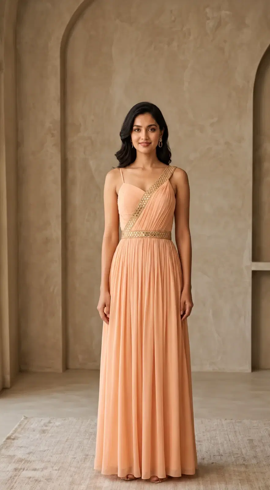 Front view of a peach one-shoulder pleated maxi dress with gold embellished strap and waistband
