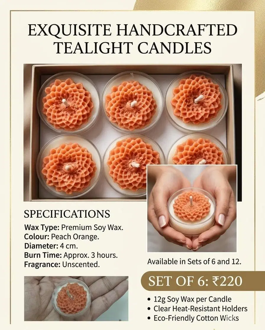 Poster-style product image showing 6 peach orange floral soy wax tealight candles with specs and set pricing