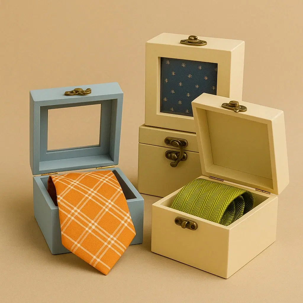 Assorted tie gift boxes shown open, featuring orange and green neckties in pastel blue and cream cases