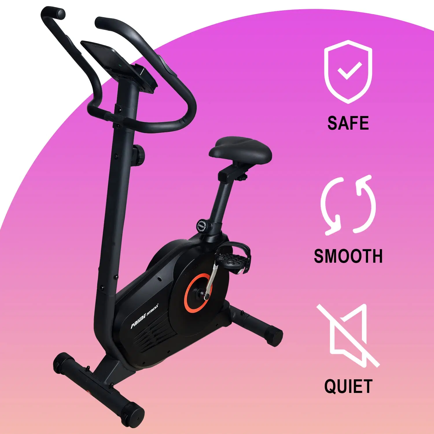Black upright exercise bike with pink background and Safe, Smooth, Quiet feature icons