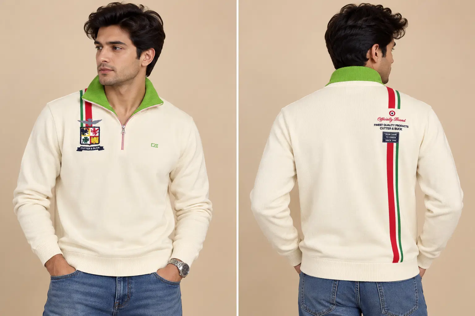 Front and back view of off-white half-zip sweater with green collar and red-green stripe accents