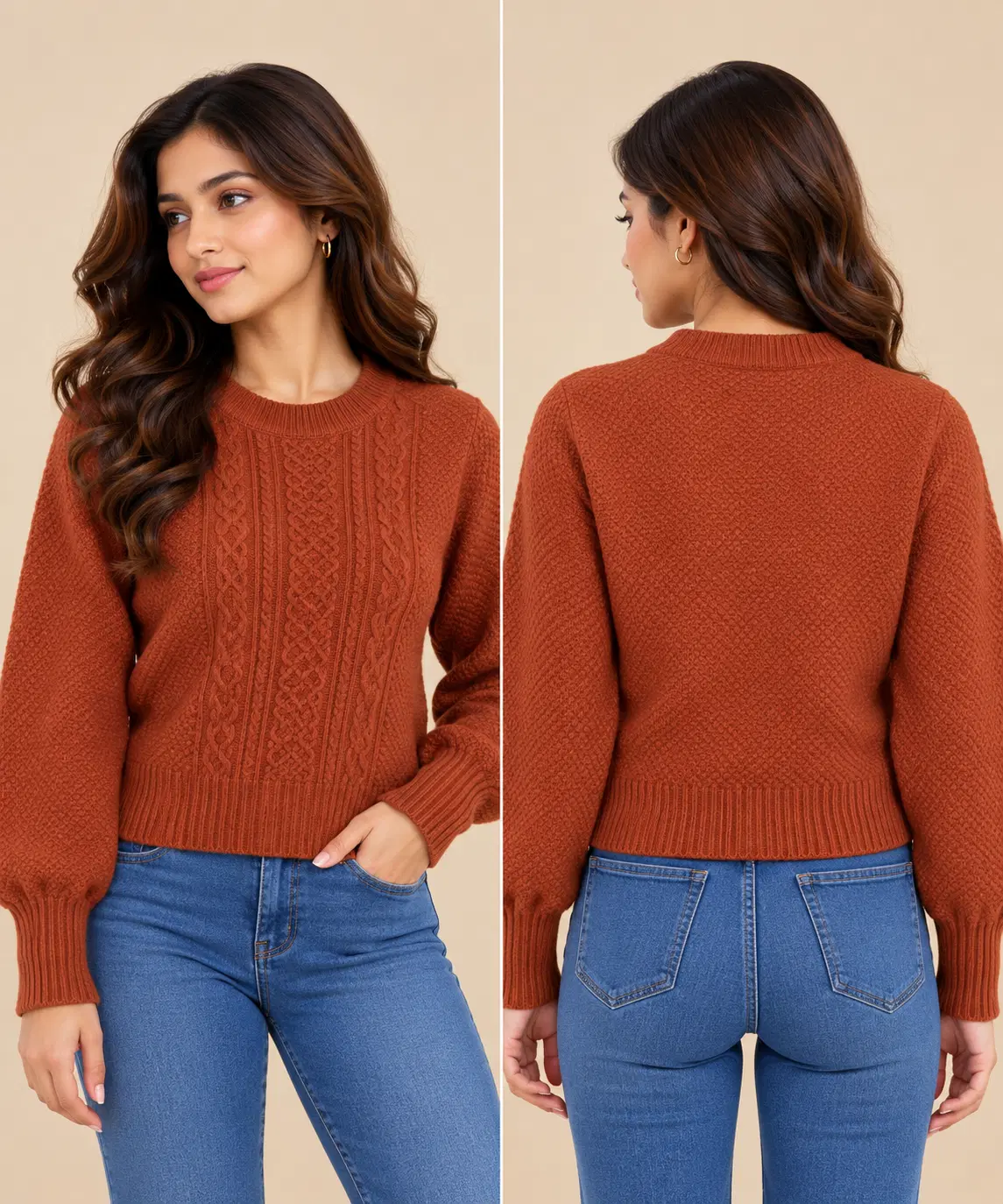 Front and back view of a rust cable-knit sweater with crew neck, ribbed hem, and long textured sleeves
