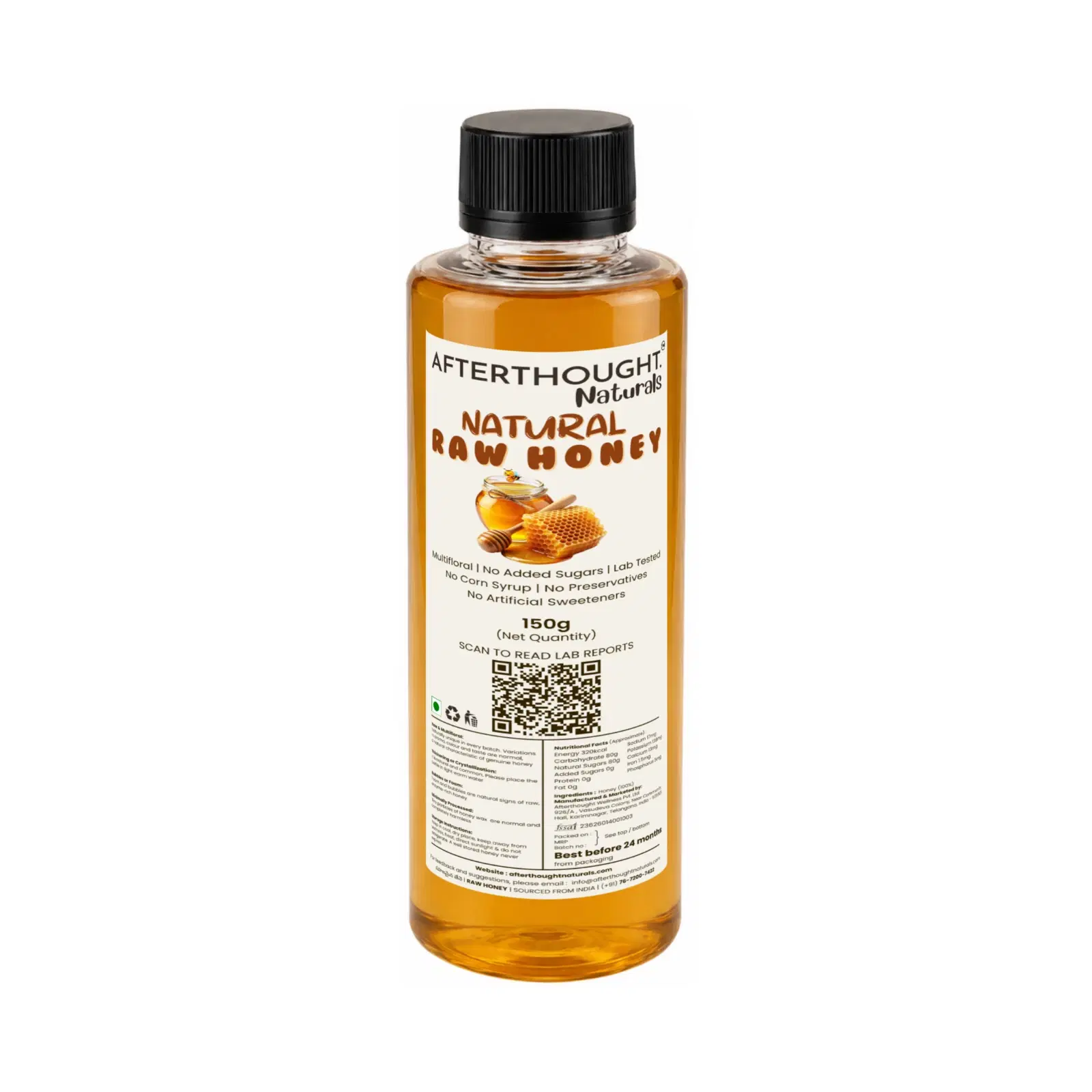 Front view of Afterthought Naturals raw honey bottle with black cap and 150g label on white background