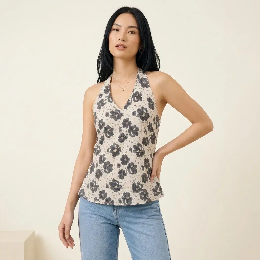 Woman wearing a beige sleeveless halter top with black floral print and light blue jeans