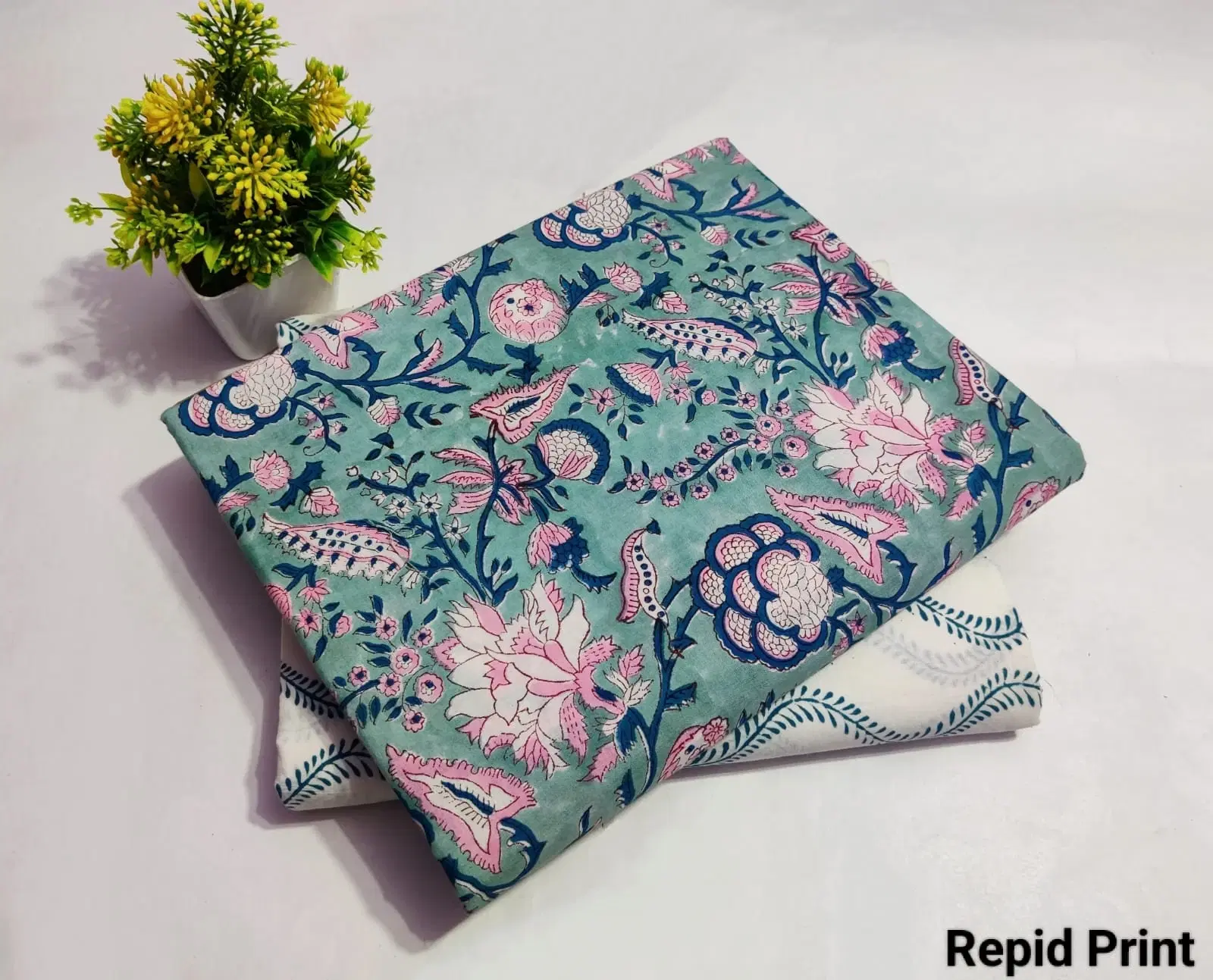 Women's Pastel Green Floral Hand Block Printed Cotton Dress Material