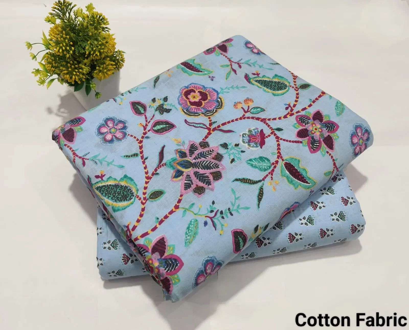 Women's Pastel Blue Floral Hand Block Printed Cotton Dress Material