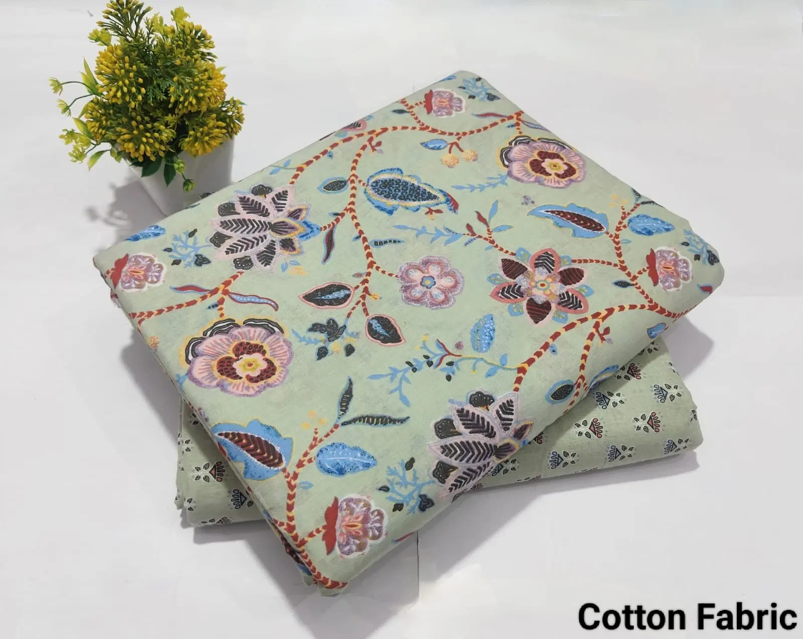 Women's Pastel Green Floral Hand Block Printed Cotton Dress Material